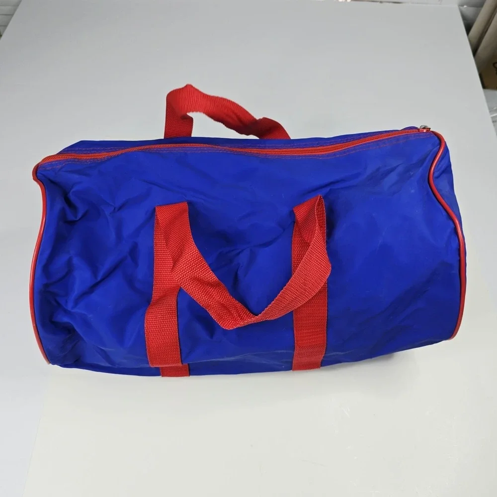 Vintage Sports Pages Duffle Bag Blue Red Nylon Gym Travel Barrel Weekender 18
